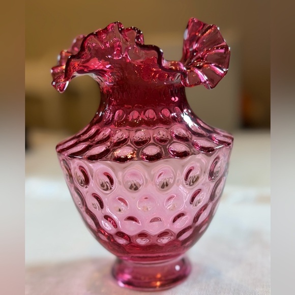 Vintage Fenton Cranberry Glass Beaded Melon Vase - Picture 7 of 7